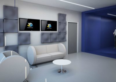 La KEY Comunicazione ha progettato e realizzato il restyling funzionale dell’ingresso della nuova sede della società GoldBet. Nell'immagine l'escena di una sala riunioni moderna con arredamento di design in coore bianco come le pareti interne. Esternamente il colore blu e una motocicletta in colori bianco e blu abbinata come arredo.