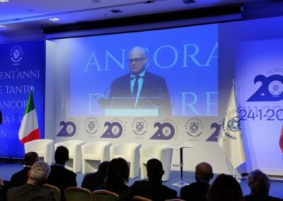 L'immagine rappresenta il palco del Congresso e stand dell'Albergatore Day alla Fiera di Roma. E un palco con un sfondo illumaniato che porietta il vido immagine del Sindaco di Roma idurante le parole inaugurale dell congresso. n cui predominano diverse sfumature del colore blu. Ci sono le bandiere dell'Unione Europea, la bandiera di'italia, la bandiera giallo-rossa che rappresnta Roma e lo stemma della FederAlberghi. al centro delle bandiere sedie per partecipanti in colore bianco. E'possibile vedere anche le sagome degli assitenti che guardano verso il palco.