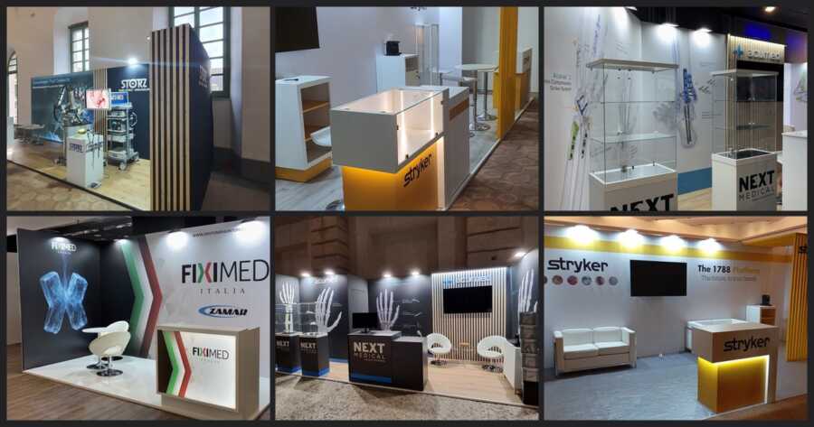 Collage di sei stand per congressi medico-scientifici progettati e allestiti da Key Comunicazione: KARL STORZ e Stryker a Catania, Next Medical/Acumed e Fiximed Italia a Riccione, Next Medical/Acumed a Verona e Stryker a Roma.